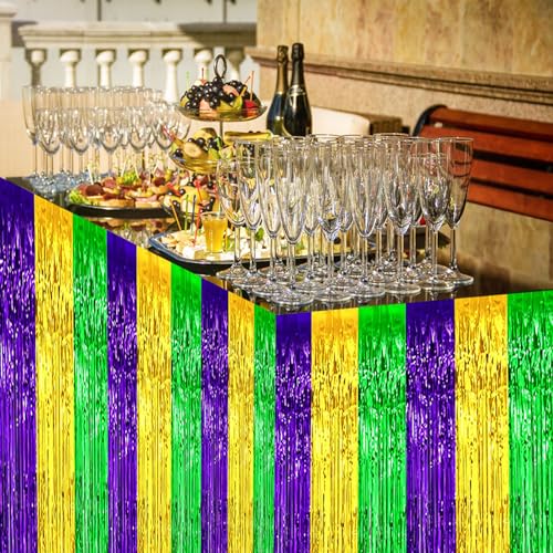 29.5x108 Inch Green Gold Purple Mardi Gras Foil Fringe Table Skirts - 6 Pack