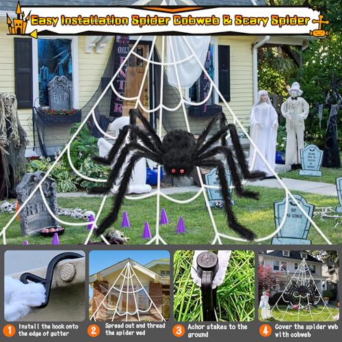 200-Inch Halloween Spider Web and 59-Inch Giant Fake Spider Decorations Outdoor Yard Indoor Party Decor