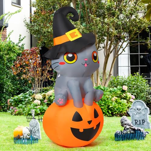 6 FT Halloween Inflatable Cat with Pumpkin and LED Lights Outdoor Yard Decor