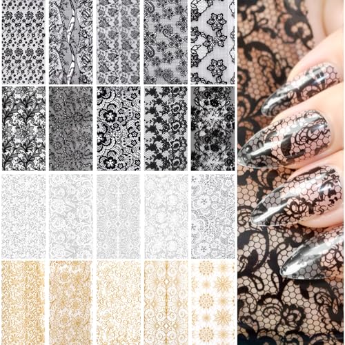 Nail Transfer Foil Set - 20 Sheets with Black, White, Gold Variations