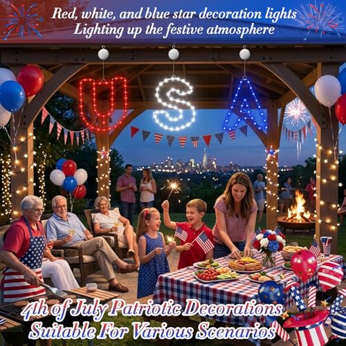4th of July USA Letter Window Light - Red White Blue LED Hanging Lamps with Suction 3pcs - E - Patriot Decor
