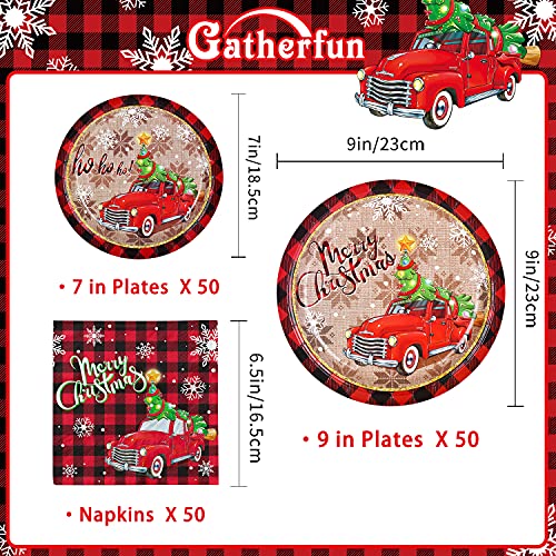 Christmas Disposable Paper Plates and Napkins Set - Pickup Truck & Tree Design - Serves 50