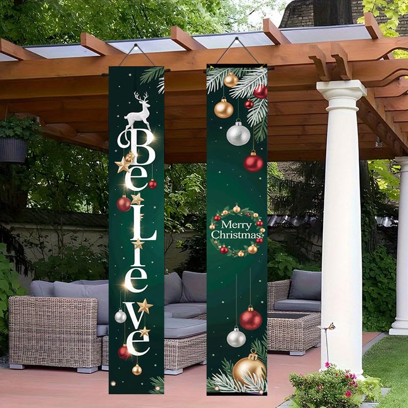 Multicolor 12x71 Inch Christmas Birthday Porch Banner with Pine Branches - Believe