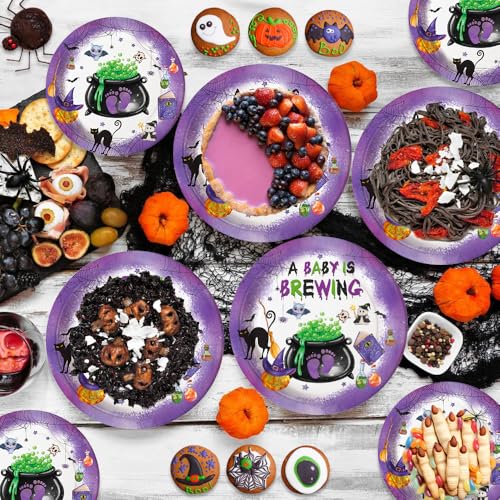 Halloween Baby Shower Party Plate and Tableware Set - 194 Pieces, Purple Theme