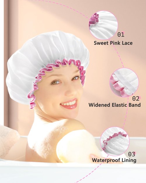 mikimini White Large Shower Cap for Women Long Hair, Reusable Waterproof Double Layers Bathing Hair Cap Soft Comfortable PEVA Lining, Cute, Non-fading & Stretchy Shower Hat X-Large Pack of 1