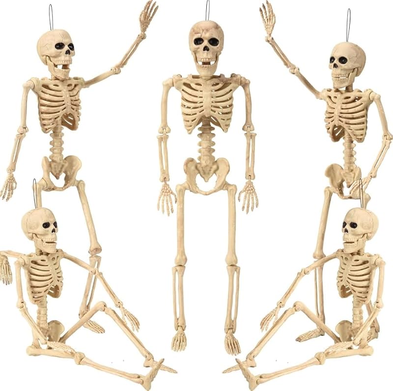 16-Inch Posable Halloween Skeleton Decorations - 5 Pack for Haunted Houses & Lawn Decor