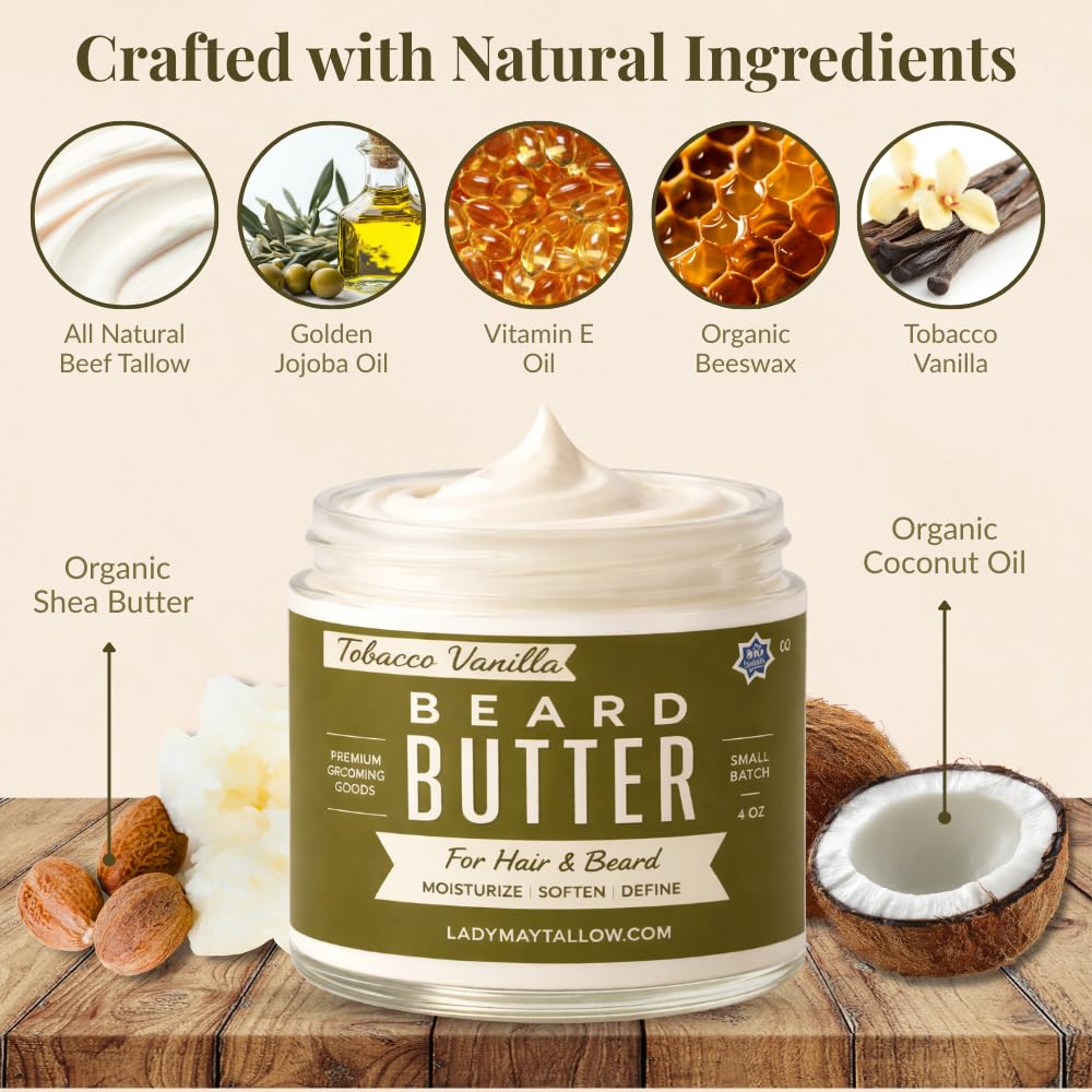 Tallow Man Tobacco Vanilla Beard & Body Butter - Grass-Fed Tallow | 9oz Men's Grooming Essential
