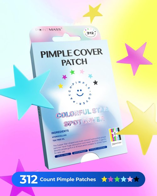 POINTMASS Star Pimple Patches for Face: Cute Acne Dots Hydrocolloid Stickers, Strong Absorption, 6 Colors, 312 Patches, Overnight Care