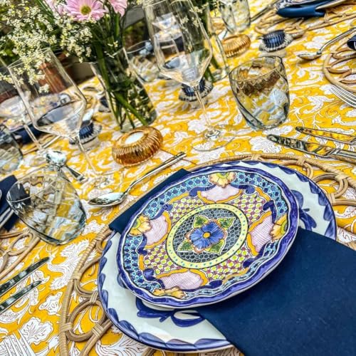 Saffron Yellow Hand Block Print Cotton Tablecloth 118x70 Rectangular - Farmhouse & Rustic Home Decor