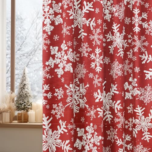 Christmas Sheer Curtains 2Pcs 52x63in Snow Red Foil Window Decor - Horaldaily