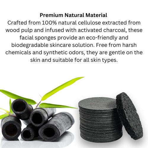 Facial cleansing sponge, 50-Count Bamboo Charcoal-Infused Compressed Cellulose Sponges, 100% Natural Wood Pulp, Biodegradable Exfoliating Spa Sponge, Makeup Remover