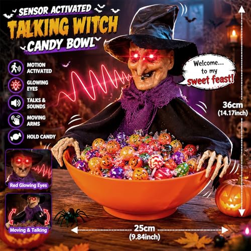 Animated Halloween Witch Candy Bowl with Moving Arms & Glowing Eyes