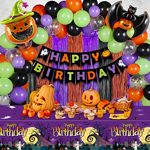 Halloween Birthday Party Decorations Set with Banners Balloons Fringe Curtains