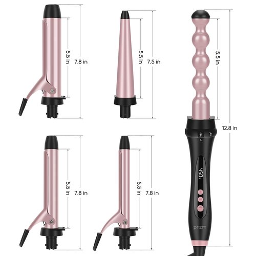Prizm Pro Clamp Curling Iron Set,Bubble Wand,Tapered Curling Iron 5 Interchangeable Barrel Curling Wand,Hair Wand 11 LCD Adjustable Temp,0.6 to 1.25 Inch,Travel Dual Voltage Rose Pink