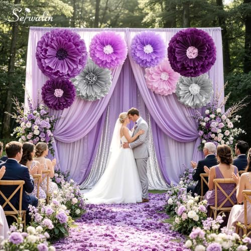 Giant Purple Paper Flower Decorations Wall Set - Elegant Lavender & Silver, 8 pcs