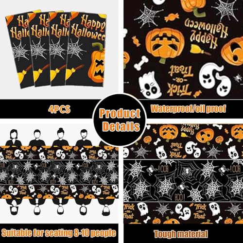 Halloween Pumpkin Ghost Tablecloth Set - 4 Pcs 54x108 Inch Plastic Party Covers for Home & Decor