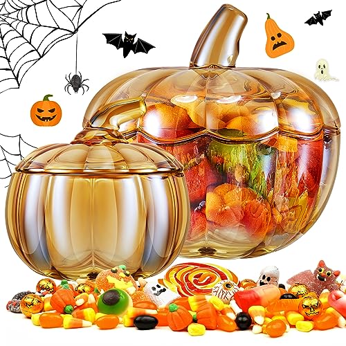 Glass Pumpkin Candy Jar with Lid - Large & Small Halloween Decor - Amber Variation