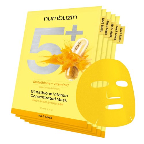numbuzin No.5 Sheet Mask | Vitamin Spotlight Sheet Mask | Glutathione and Vitamin C | Reduces Hyperpigmentation, Improves Skin Complexion | Gentle and non-irritating | 5 sheet