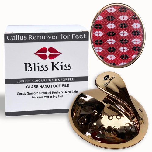 Bliss Kiss Callus Remover for Feet Nano Glass Pumice Stone for Feet, Hard Skin Foot File w/Easy Grip-No Slip Handle, Heel Scraper for Cracked Heels, Pedicure Tools for Feet, Foot Scraper