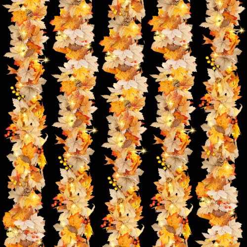 5 Pack Fall Leaf Garland with Lights - 29.5Ft Artificial Autumn Decorations for Thanksgiving Halloween