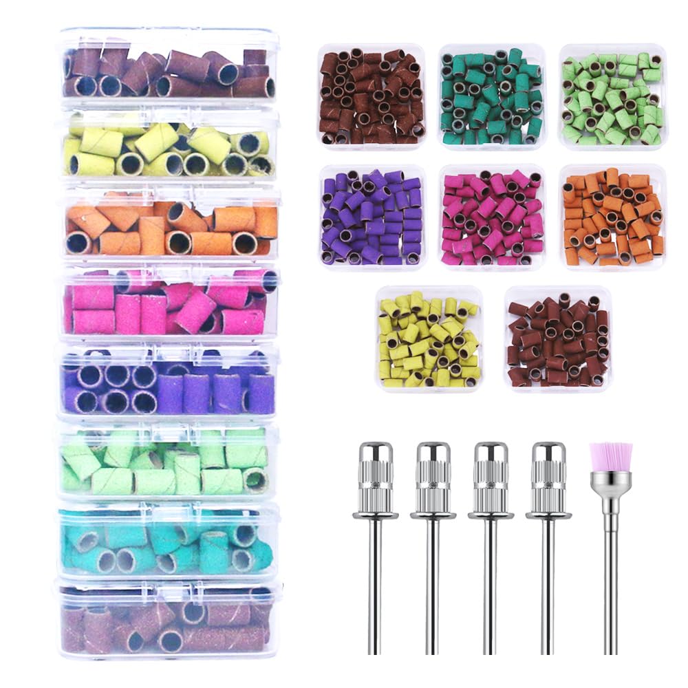 Yreihn 400 Pcs Sanding Bands for Nail Drill with 4 Mandrel Bits for Manicure and Pedicure, 60/80/100/120/150/180/240/320 Grit