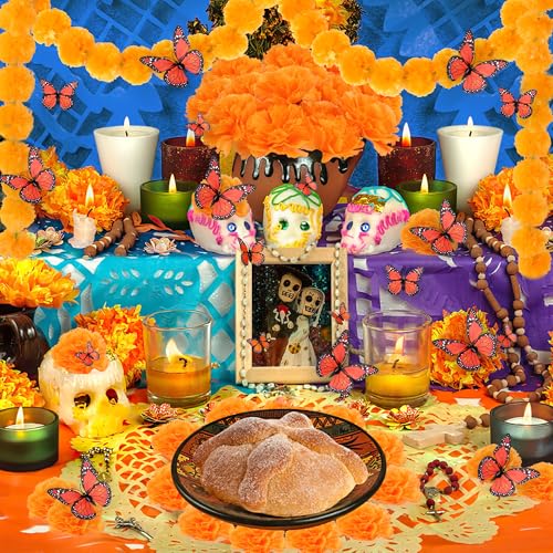 Day of the Dead Decorations Set with Marigold Garlands and Butterfly Accents - 66pcs Dia De Los Muertos Altar Decor