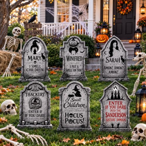 Outdoor Halloween Tombstone Yard Decorations with Stakes - Grey, 6 Pack Waterproof Cemetery Signs