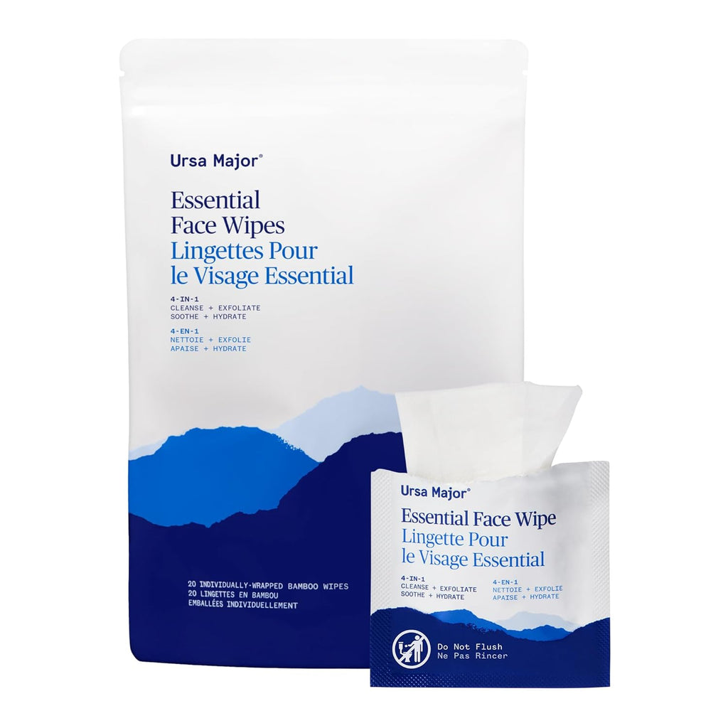 Ursa Major Essential Face Wipes - Natural Biodegradable & Cruelty-Free | Cleanse, Exfoliate, Hydrate | 20 Count
