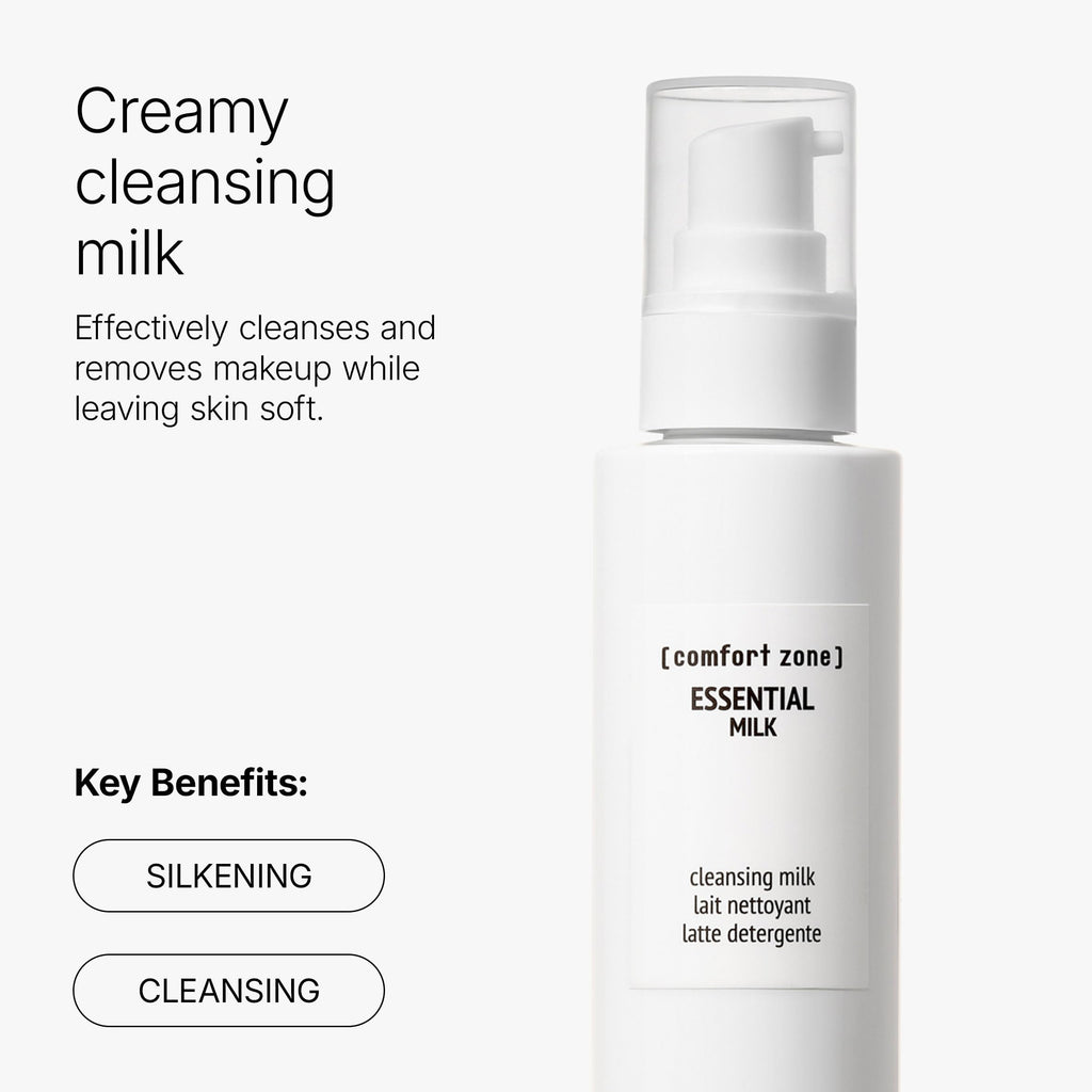 [ comfort zone ] Essential Cleansing Milk, Creamy Silkening Face Wash, Gentle Makeup Remover, Nourishing Daily Cleanser, Dry Skin & All Skin Types, Natural Ingredients, Made in Italy, 6.76 Fl Oz
