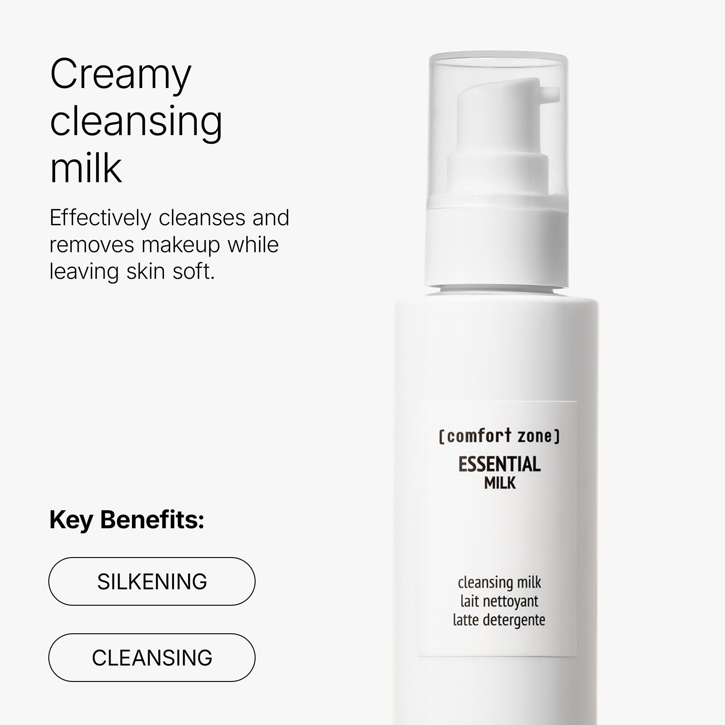 [ comfort zone ] Essential Cleansing Milk, Creamy Silkening Face Wash, Gentle Makeup Remover, Nourishing Daily Cleanser, Dry Skin & All Skin Types, Natural Ingredients, Made in Italy, 6.76 Fl Oz