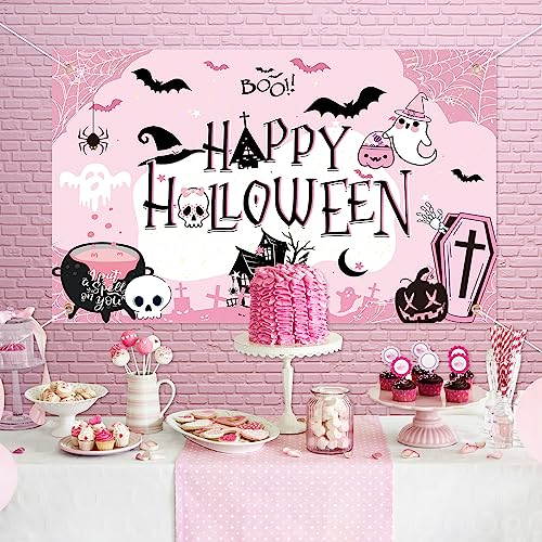 Pink Halloween Backdrop Banner for Parties - Large Birthday & Baby Shower Decorations