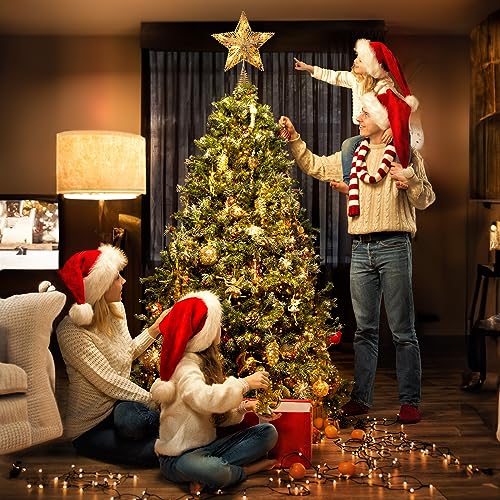 Christmas Star Tree Topper with Built-in 10 Bulb String Lights - 11” Gold Glittered Metal