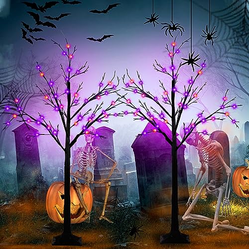 Halloween Black Lighted Tree with Orange & Purple LED Lights - 4Ft 2-Pack - Bendable Indoor Outdoor Decor