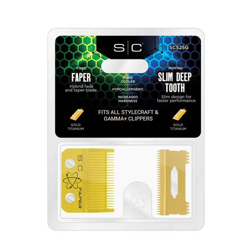 StyleCraft Replacement Fixed Gold Titanium Faper Hair Clipper Blade with Moving Slim Deep Cutter Set