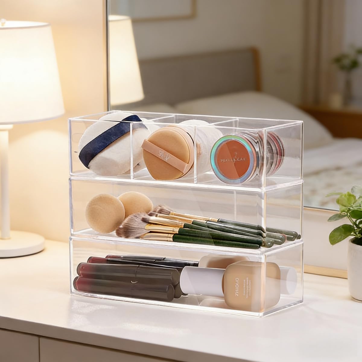 WECHENG Acrylic Makeup Organizer: Drawer Organizer for Bathroom - Stackable Cosmetic Display Cases for Vanity Countertop and Makeup Storage Containers (3-Compartment)