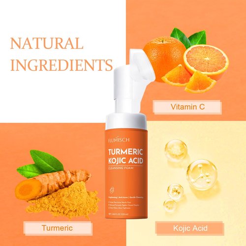 FluMisch Turmeric Kojic Acid Facial Cleanser - Brightening Foaming Wash with Massage Heads | 4.23 oz