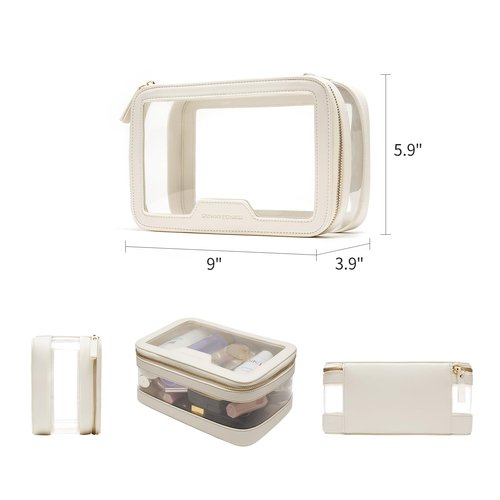 ROWNYEON Clear Makeup Bag,PVC Clear Toiletry Bag For Women,Waterproof Faux Leather Travel Makeup Bag with Handle Large Opening & Gold Zippers,Car Essentials for Women Gift