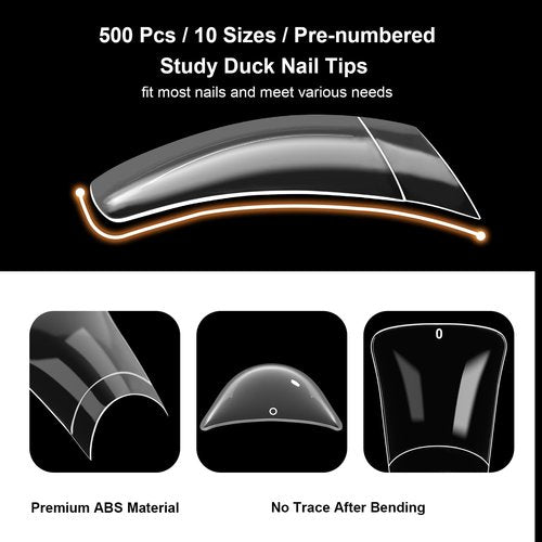 ASONRL 500Pcs Clear Duck Nail Tips Short - 10 Sizes Pre-Shaped Professional Press Ons for Nail Extension, Half Cover Acrylic Soft Gel Tips for Home DIY Nail Salon With Box
