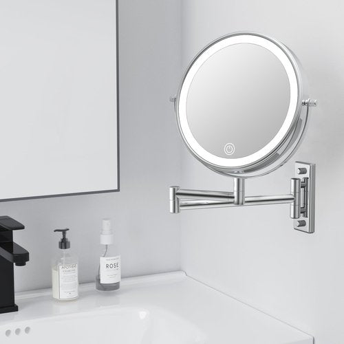 LANSI 1X/20X Wall Mounted Makeup Mirror with Lights, 8" Double Sided Bathroom Magnifying Mirror with 360° Extension Arm, Dimmable, Rechargeable, Touch Control, Chrome