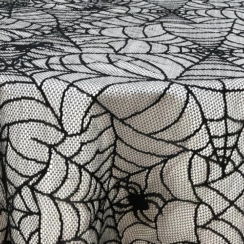 Halloween Lace Tablecloth 70 Inch Round Black Bat Spider Web Decorations Gothic Style