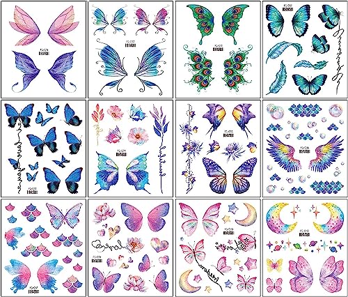 Butterfly Style Glitter Temporary Tattoos for Women and Girls – 12 Sheets, Face & Body Decor