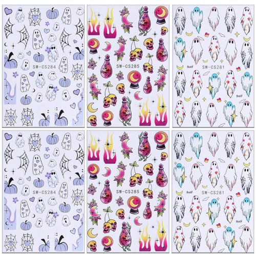 Halloween Nail Art Stickers - Ghost Pumpkin Variation, 6 Sheets, 3D Self-Adhesive Decals for Manicure