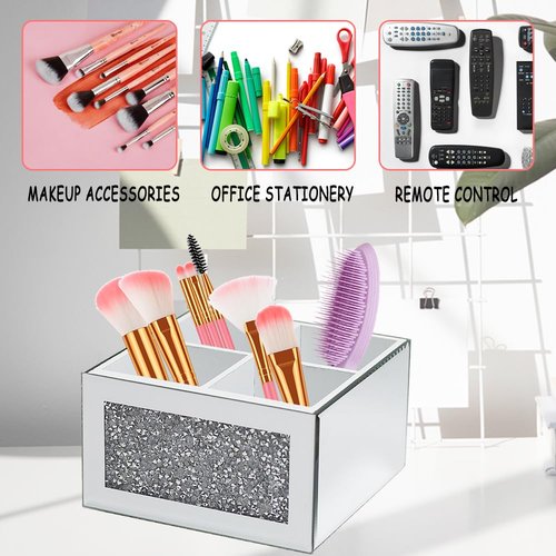 HMRCYTE Rotating Makeup Brush Holder Glass, 360 Rotating Crystal Makeup Brush Organizer, Cosmetic Brush Storage Box Crushed Diamond Home Decor Silver Glass Brush Holder for Vanity Dresser 4 Slots
