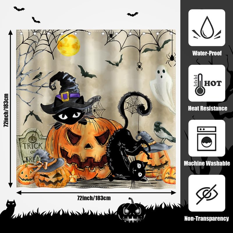 Halloween Shower Curtain Black Cat Pumpkin Waterproof Fabric Bath Decor - Black Cat Variation
