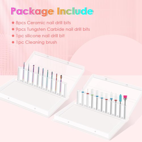 19-Pieces Nail Drill Bits Sets, 3/32 Inch Carbide and Ceramic Acrylic Gel Remover Nail Drill Bits Kit for Electric Nail File Machine, Acrylic Nail Art Tools for Manicure Pedicure, Home Salon Use