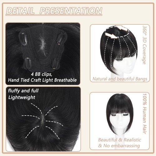 HVVZOY Hair Toppers for Women Real Human Hair, 360° 3D Real Human Hair Toppers for Women with Thinning Hair Clip in Bangs Big Coverage 12 Inch Hairpieces (1B, 3D Wispy Bangs 10x11)