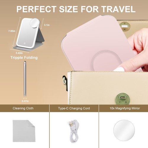 Mocado Travel Makeup Mirro with Lights, 360° Rotation Lighted Makeup Mirror, Portable Mirror with 10x Magnification, 60LEDs 3 Color Lightings, Dimmable Touch Screen, Tabletop Light up(Pink)