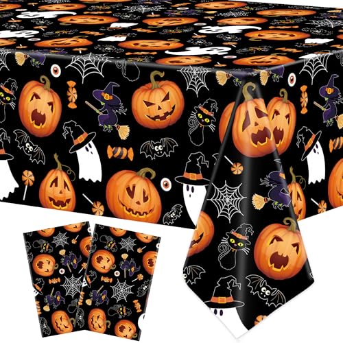 Halloween Plastic Tablecloth 2 Pack - 54 x 108 Inch Ghost Pumpkin Witches Disposable Cover for Party