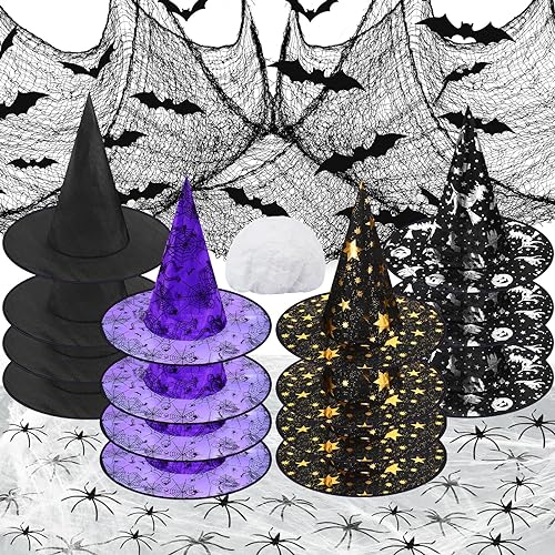 Halloween Witch Hat Decorations Set - 16 Hats 36 Bats 30 Spiders for Spooky Party Decor