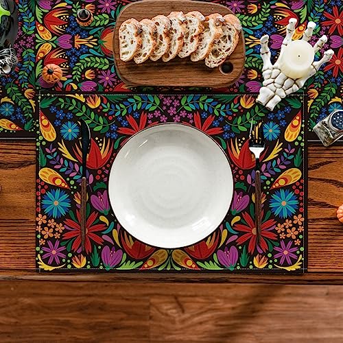 Mexican Cinco De Mayo Placemats Set of 4 - 12x18 Inch Floral Fiesta Decor, Black Variation
